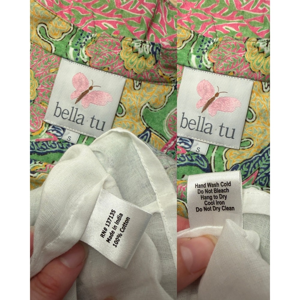Bella Tu S Cotton Green Pink Floral Ruffle V-Neck Tiered Maxi Boho Dress Resort - Picture 8 of 9